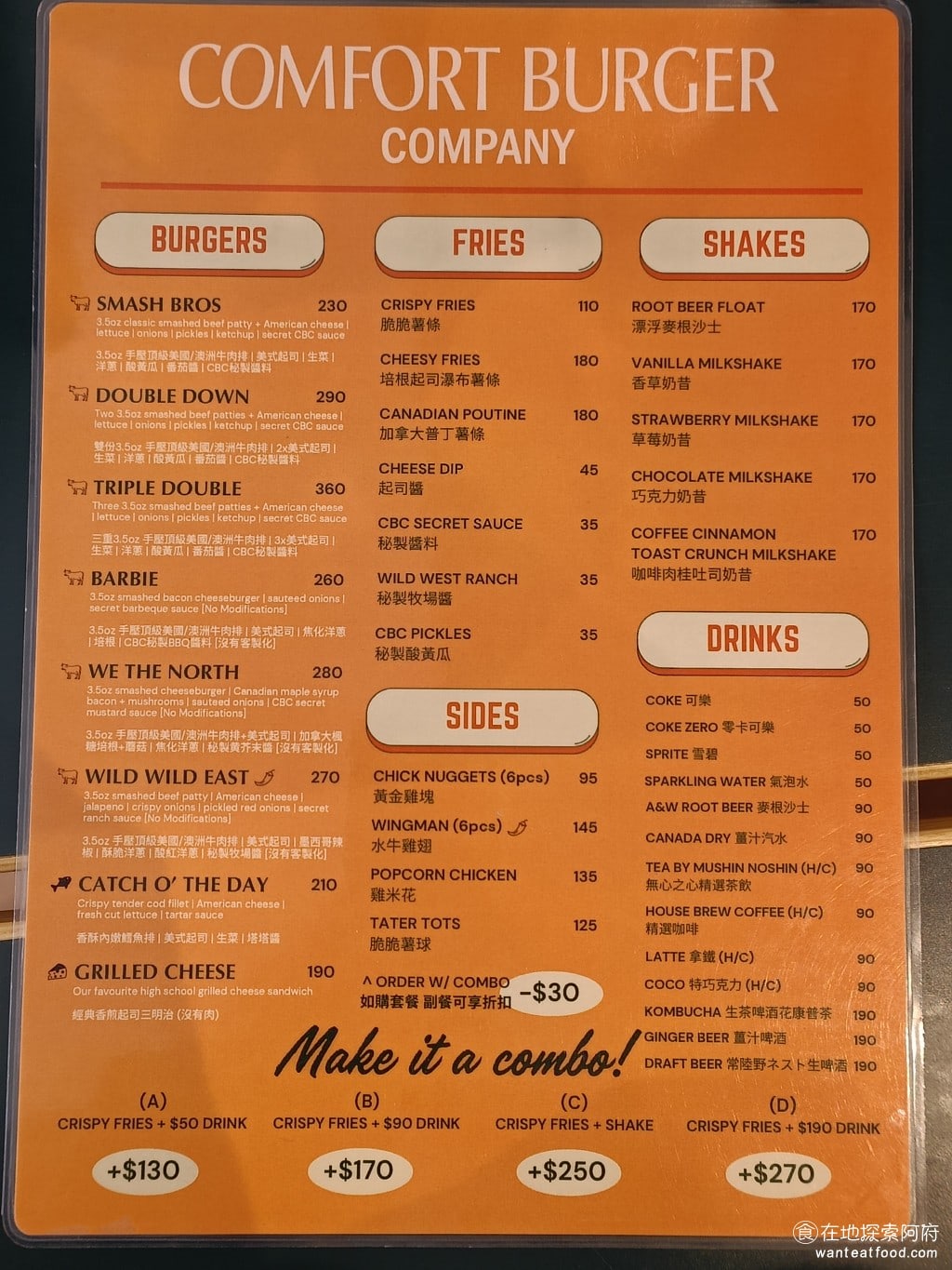 comfort burger 大安區美食 國父紀念館美食 美式料理 《comfort burger》的餐點非常簡單，只有漢堡、炸物、配餐、奶昔和飲料。 @在地探索的阿府台北美食